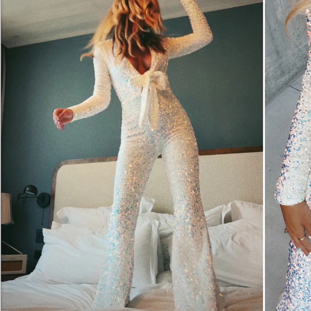 Show me your Mumu Martina Wrap Sequin Jumpsuit white